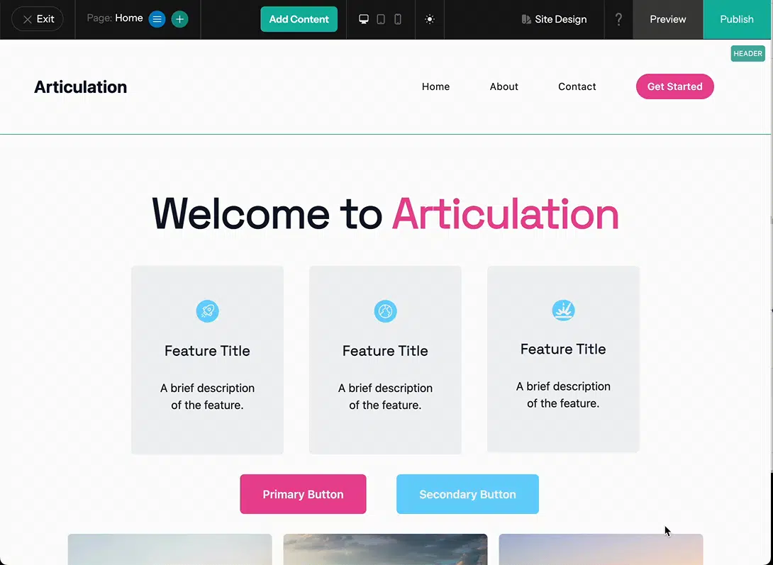 The Articulation website editor demonstrating drag and drop capabilities.