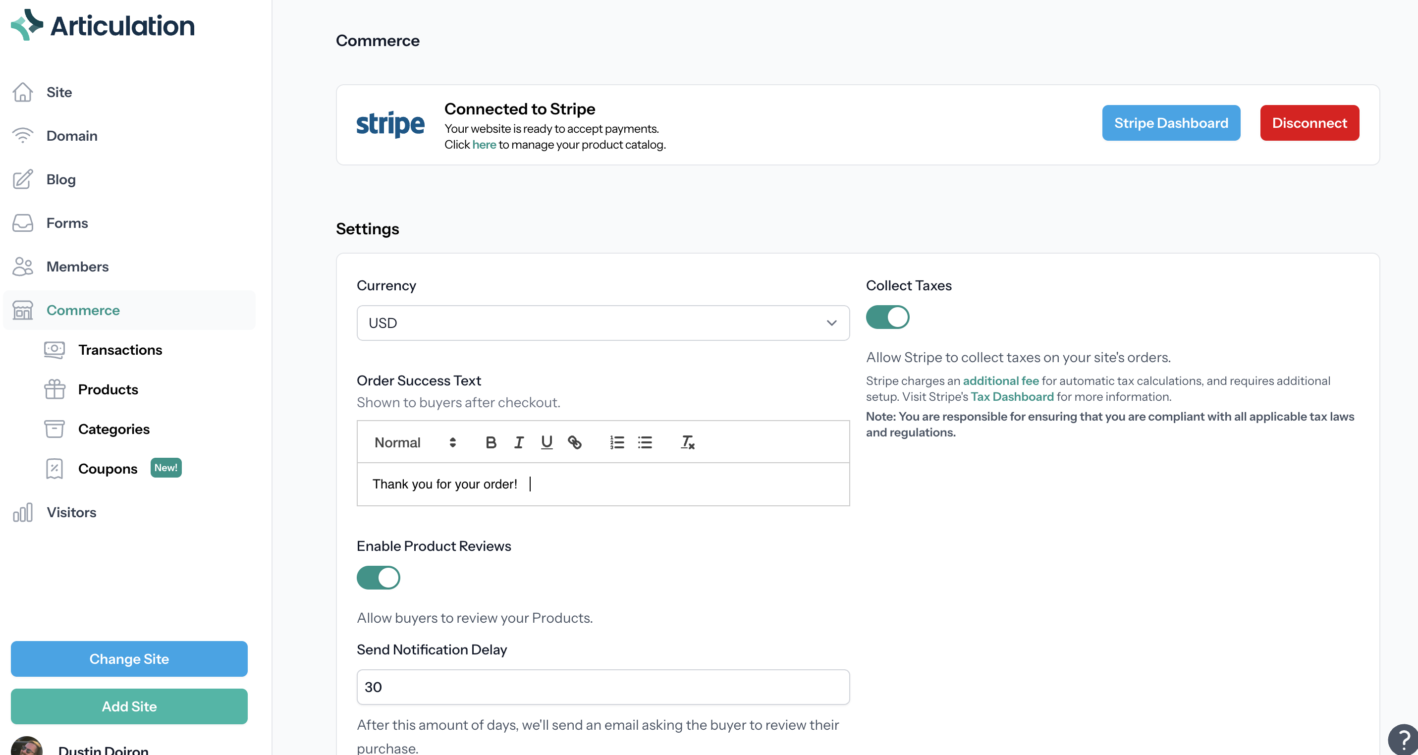 A screenshot of the Articulation dashboard showing the Commerce features